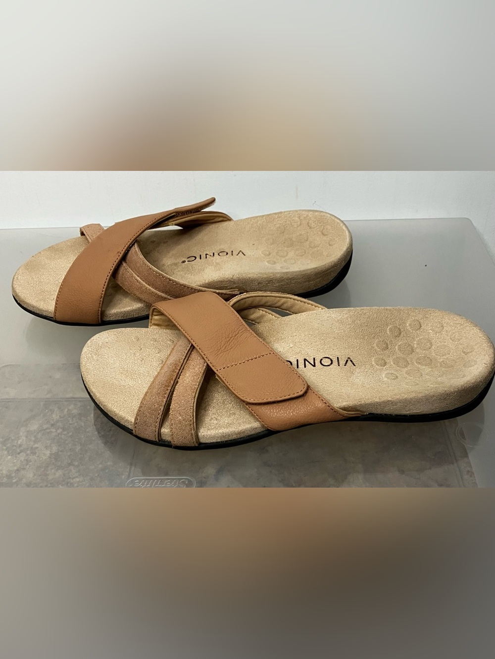 Vionic Zarie Sandals Women's 8 Leather Slide Strap Tan Macaroon - Picture 2 of 9